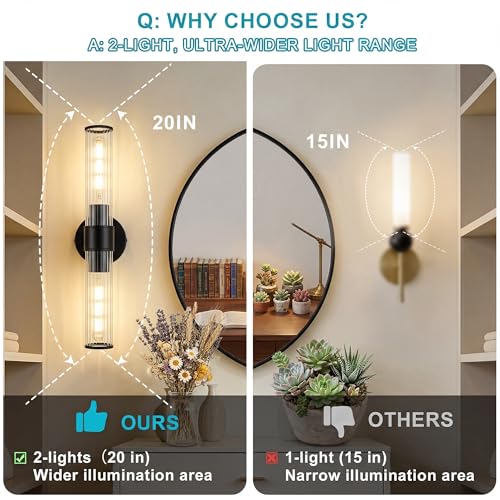 Bathroom Light Fixtures 2 Pack Hardwired, Black Wall Sconce Threaded Glass Vanity Light Featuring Two E26 sockets, Bathroom Wall Light Dimmable - Bulb Not Included, UL Certification - color: Black Threaded Glass-2Pack