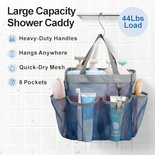 Mesh Shower Caddy Portable - 8 Pockets, S-Hook, Shower Bag for Dorm Camping | 2-Handle, Quick-Dry, Hanging Toiletry Organizer, College Dorm Room Essentials for Girls, Gym, Travel & Bathroom, Navy Blue - color: 1 Pack L Blue, size: L (Classic Dorm Caddy)