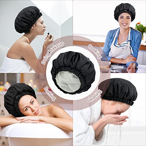 Luxury Shower Cap for Women, Waterproof Reusable Shower Caps Double Layers Microfiber Terry Lined with Dry Hair Function, Extra Large for Long Hair, Adjustable for Most Heads Size