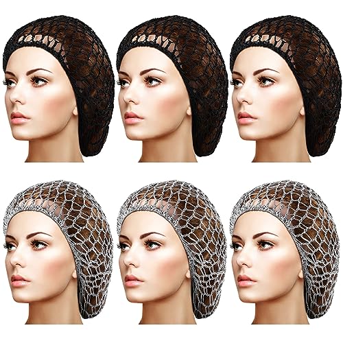 Geyoga 6 Pieces Hair Net Snoods for Women Sleeping Mesh Soft Rayon Knit Crochet Hairnet Long Short Curls Hair Cover Accessory (Black, Gray) - color: Black, Gray