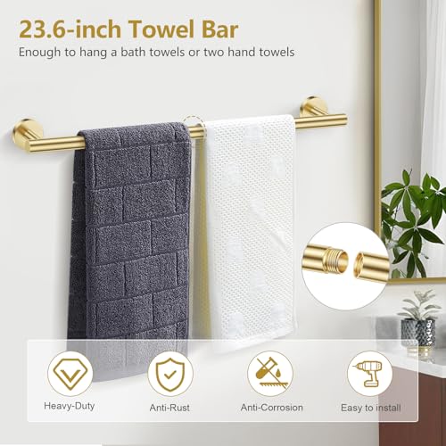 TQKAG 5 Piece Bathroom Towel Bar Holder Sets Brushed Gold Bathroom Hardware Set Stainless Steel Toilet Paper Holder with Shelf Bathroom Accessories Kit Wall Mounted - color: Brushed Gold, size: 5-Pieces Set-A