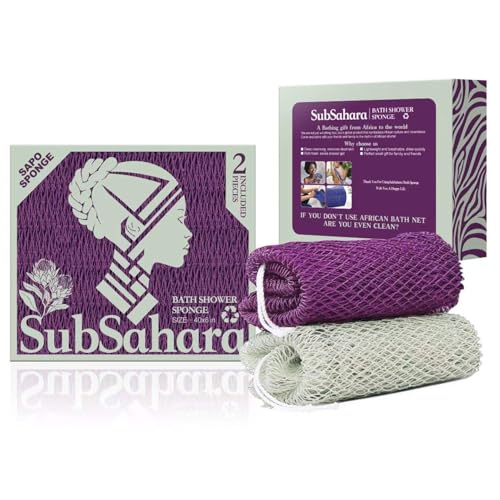 SubSahara Authentic African Net Sponge - 2 Pieces Exfoliating Scrubber for All Skin Types, Bath Sponge for Face & Body, Travel Portable, Durable, Gentle Exfoliation (Berry & Sage Green) - color: Berry & Sage Green