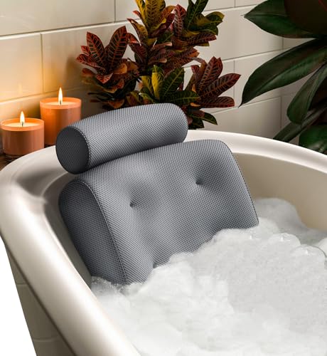 Everlasting Comfort Luxury Bath Pillow for Tub – Quick-Dry 4D Mesh – Gray | Head/Neck/Back Support, Non-Slip Suction Cups, Machine Washable, Drying Hook, Bath/Spa/Jacuzzi Essentials - color: Gray, size: Large