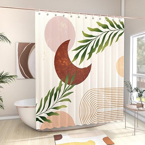 EOSAHR Boho Shower Curtain Set with 12 Hooks - Lightweight Polyester Bathroom Curtain, Machine Washable, Quick Dry - Moon & Leaf Abstract Art Design 71"x71" (Neutral Tones) - color: Boho - Moon