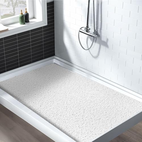 Shower Mat Non Slip: 35.4 x 23.6 Inch Extra Large Shower Mats for Inside Shower with Drain Hole - Soft PVC Loofah Anti Slip Shower Stall Mat for Walk-in Shower and Bathroom, Quick Drying - color: White, size: 35.4" x 23.6" (Rectangular)