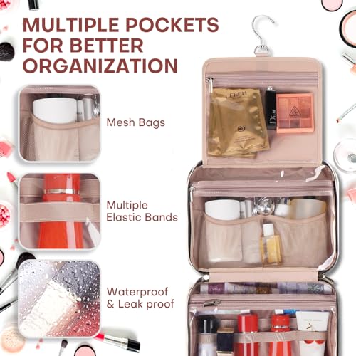 Hanging Toiletry Bag for Women Travel, 2 Sizes Large & Small Waterproof Cosmetic Organizer with 4 Compartments, Rotating Hook, Foldable Pink Travel Bag for Toiletries & Makeup Red Sandalwood - color: Rosewood, size: Medium