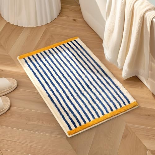 GIB Bathroom Rugs Mat 24" x 16", Extra Soft Absorbent Plush Fluffy Bath Rugs, Non-Slip Washable Bath Mats for Bathroom Floor Shower Home Decor Accessories, Blue & White Striped with Yellow Accents - color: Blue With Yellow, size: 24" X 16"