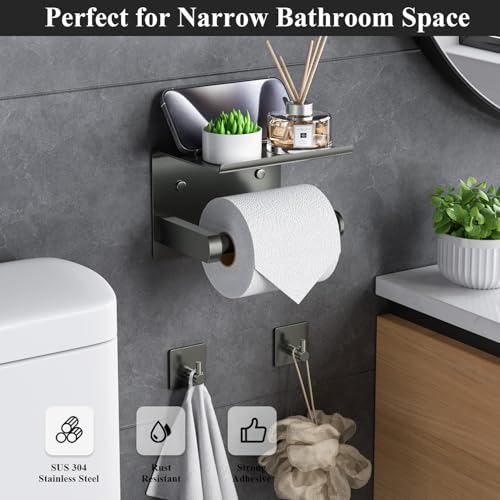 Tindbea Toilet Paper Holder with Phone Shelf + Towel Robe Hooks, Adhesive or Screw Wall Mounted Toilet Paper Roll Storage, Stainless Steel Bathroom Tissue Roll Holder (Polished Grey) - color: Polished Grey, size: Regular