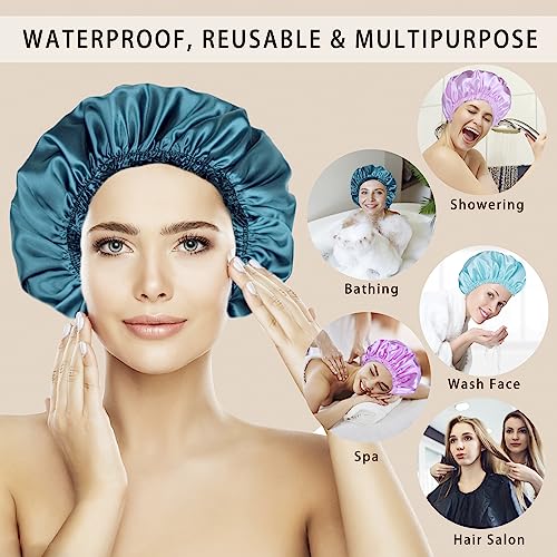 Shower Caps for Women, 4 PCS Elastic and Reusable Bath Caps, Double Waterproof Layers Shower Cap, Bathing Shower Caps, Environmental Protection Hair Bath Hat - Solid Color - color: Solid Color 4 PCS/Set