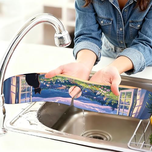 2 Pcs Kitchen Sink Splash Guard Faucet Mat Windowsill Cat Pattern Faucet Mat for Sinks Flower Absorbing Drying Mats for Kitchen Bathroom - color: Windowsill Cat Pattern