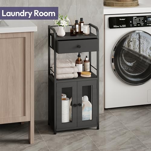SWTYMIKI 14.57"x32.28" Bathroom Storage Cabinet – Freestanding Toilet Paper Storage with Doors & Drawer, Bathroom Organizers and Storage for Small Spaces, Laundry Room, Ideal for Towels, Black - color: Black