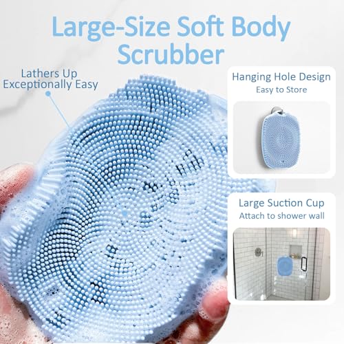 Soft Silicone Body Scrubber, Gentle Like a Hand Exfoliating Your Skin and Build Up Lather Easily, Back Large Suction Cup Easy to Store, Long-Lasting & Deep Clean (Blue) - color: Blue