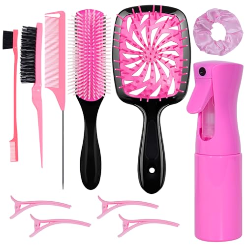11 Pcs Hair Brush Set, Detangle Hair Brush And Spray Bottle, 3 Pieces Smooth Hairbrush For Toddlers, Suitable For Wet and Dry Hairstyles, Suitable For Adults And Children. (Pink) - color: Pink