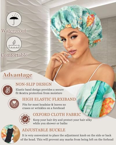 Luvruitaky Large Shower Caps for Women Reusable Waterproof Satin Lined Shower Cap with Adjustable Band Double Layer Design Luxury Washable Bath Hair Bonnet (Pineapple Palm) - color: Pineapple Palm