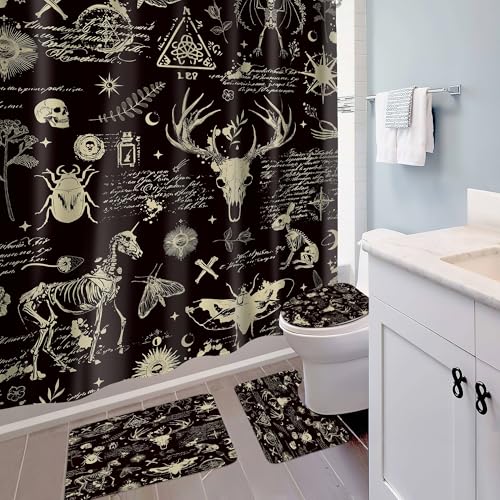 4 PCS Skulls Shower Curtain Set 72Wx72H Gothic Skeleton Celestial Mystic Bathroom Set Non-Slip Bath Rug Toilet Lid Cover U Shape Mat Complete Bathtub Accessories with 12 Hooks Bathroom Decor - color: A 05skeleton, size: 72"W x 72"L (Pack of 4)
