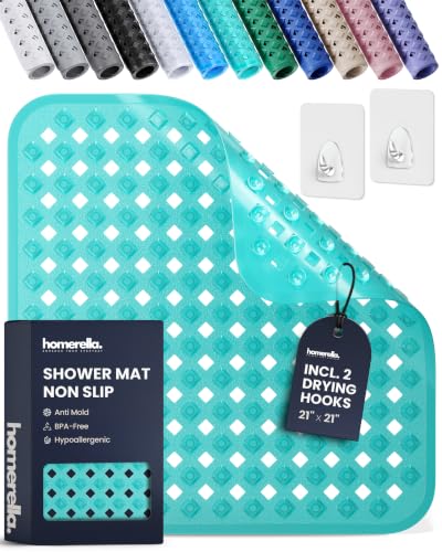 homerella® Shower Mat Non Slip Anti Mold, Non Slip Shower Mats for Inside Shower Stall Anti Slip Mat, Square Shower Floor Mat 21 x 21 in with Suction Cups & Hooks for Quick Drying, Machine Washable - color: Clear Turquoise