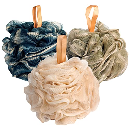 Fishent Bath Loofah Sponge, 3 Pack loofahs Exfoliating Body Scrubber, 60g Soft Mesh Pouf Shower Puffs, Loofa for Women and Men - style: 60g-Blue-White-Green