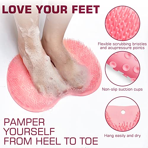 Shower Foot Scrubber Mat Back Washer Back Exfoliating Bath Wash Pad Wall Mounted Slip Suction Cups Foot Scrubber for Use in Shower Cups Foot Cleaner for Men and Women - color: Pink