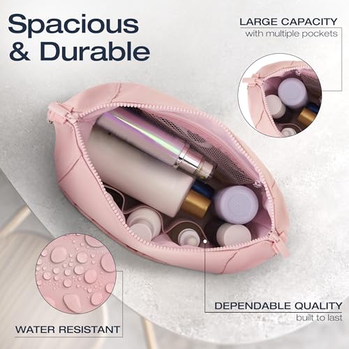 KAZAY Expandable Toiletry Bag with Side Clips for Adjustable Sizing, Premium High-Density Nylon, Open Wide Zipper, Stylish, Water Resistant, Cosmetic Bag, Makeup Bag, Full-Size Bottles, Unisex (Pink) - color: Pink