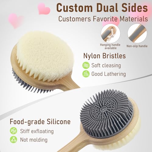 Back Scrubber for Shower + Body Scrubber 2 Pack - Dual Sided Silicone & Nylon Bristles Lather Well, Exfoliating Anti-Slip Wood Long Handle Back Scrubber Body Exfoliator for Wet/Dry Bath Brush Grey - color: Grey