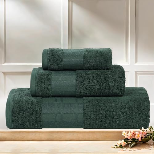Superior 3-Piece Cotton Towel Set, Geometric Design, Dobby Border, Plush Quick Dry Towels, Decorative Bathroom, Spa, Includes 1 Bath, 1 Hand, 1 Face Towel/Washcloth, Larissa Collection, Forest Green - color: Forest Green, size: 3 Piece Towel Set