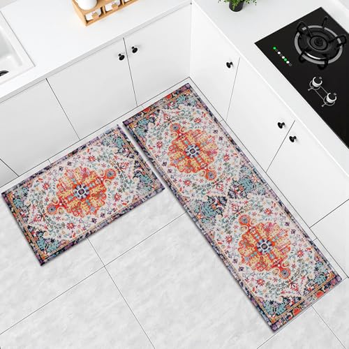 Boho Kitchen Mat Set 2 PCS Vintage Ethnic Pattern Runner Rug Non Slip 17"x47"+17"x30", Distress Print Bohemian Floral Washable Absorbent Kitchen Rugs for Floor Bathroom Laundry Decor - color: Boho Vintage