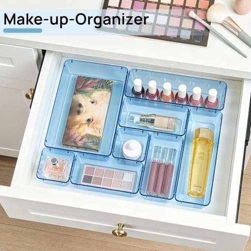 Vtopmart 25 PCS Plastic Drawer Organizers Set, 4-Size Versatile Bathroom and Vanity Drawer Organizer Trays, Storage Bins for Makeup, Bedroom, Kitchen Gadgets Utensils and Office - color: Clear Blue