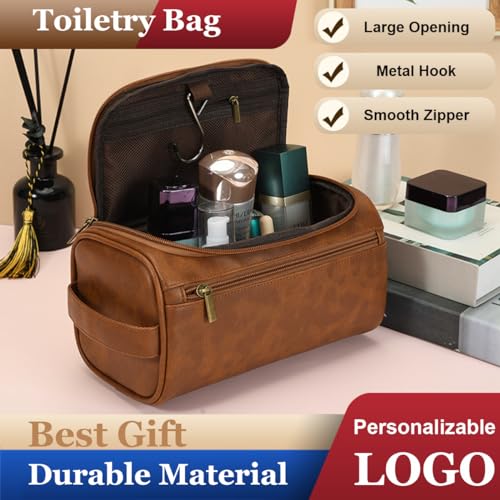 Toiletry Bag for Men, Travel Shaving Dopp Kit Water-resistant Bathroom Toiletries Organizer PU Leather Cosmetic Bags - color: brown
