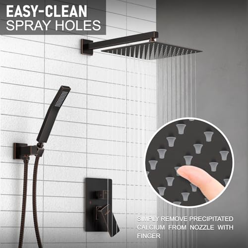 KOJOX Oil Rubbed Bronze Shower System with High Pressure 10 Inch Rainfall Shower Head, Handheld Shower head and Shower Faucet Trim valve, Bathroom Luxury Rain Mixer Shower Set Wall Mounted - color: Oil Rubbed Bronze, size: 10''