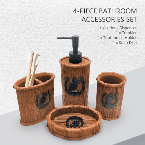 Bathroom Accessory Sets 4PCS Bathroom Accessories Set Complete Western Rustic Horseshoes Decoration Includes Lotion Dispenser Toothbrush Holder Tumbler Cup & Soal Dish - color: Brown, size: Soap Dish