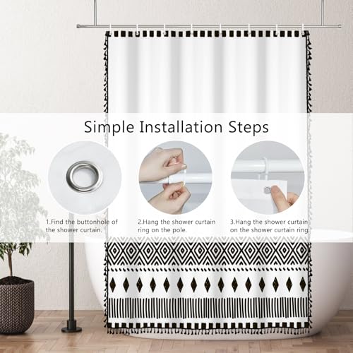 AOFOTO Bohemian Shower Curtain Tassel Boho Black and White Striped Geometric Pattern Shower Curtains for Bathroom Waterproof Bath Curtain Sets with Hooks Bathroom Home Decor 48x72 Inches - color: Black Square, size: 48"W x 72"L (Pack of 1)