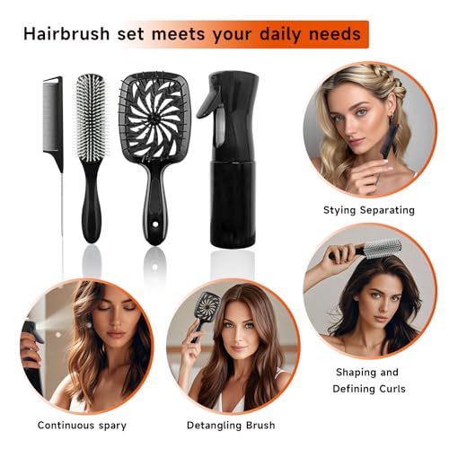 11 Pcs Hair Brush Set, Detangle Hair Brush And Spray Bottle, 3 Pieces Smooth Hairbrush For Toddlers, Suitable For Wet and Dry Hairstyles, Suitable For Adults And Children(Black) - color: Black