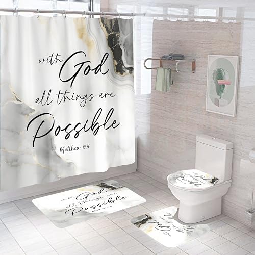 Marble Bathroom Sets with Rugs for Bathroom Decor, 72x72 Inches Gold Shower Curtain with Non-Slip Rugs and Accessories, Waterproof Machine Washable Bath (Curtain Set-Marble Bible) - color: Curtain Set-marble Bible