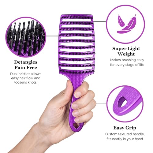 HAPPY HAIR BRUSH Happy Detangler Paddle Brush with Boar Bristles & Nylon Pins | Designed by Women to Detangle & Smooth Thick, Fine or Curly Hair | Pain-Free Slick Back Brush, Lightweight (Purple) - color: Purple