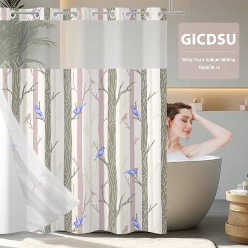 No Hook Shower Curtain with Snap in Liner, Blue Bird Tree Fabric Shower Curtain Set for Bathroom, Hotel-Quality, See Through Top Window Design, 59" W x 79" L - color: 05 Bird - Blue, size: 59"W x 79"L (Pack of 1)