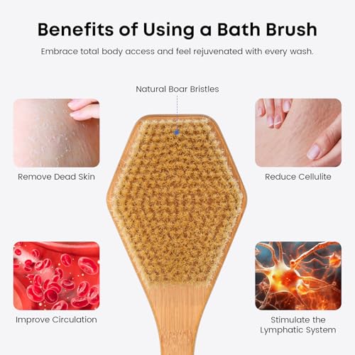 eaxun Bamboo Back Brush with Curved Long Handle, 17.5 Inches Shower Back Scrubber with Stiff Bristles for Men and Women, Exfoliating Body Washer Anti Slip Exfoliator for Bath or Dry Brushing