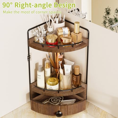 2-Tier Corner Bathroom Counter Organizer with Drawer & Embedded Screw Holes - Wooden Countertop Organizers for Skincare, Makeup Storage, Bathroom Sink Counter Shelf for Vanity, Dark Brown - color: Dark Brown