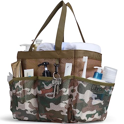 Mesh Shower Caddy Portable - 8 Pockets, S-Hook, Shower Bag for Dorm Camping | 2-Handle, Quick-Dry, Toiletry Organizer, College Dorm Room Essentials for Girls, Gym, Travel & Bathroom, Brown Camouflage - color: L, Brown Camouflage, size: L (Classic Dorm Cad