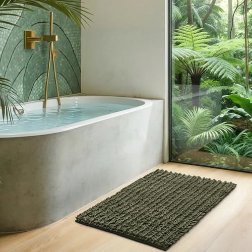 DEXI Bathroom Rug 16x24, Super Soft Thick Chenille Absorbent Bath Mat, Non Slip Machine Washable Fluffy Shag Bathmat for Tub, Shower Floor, Olive Green