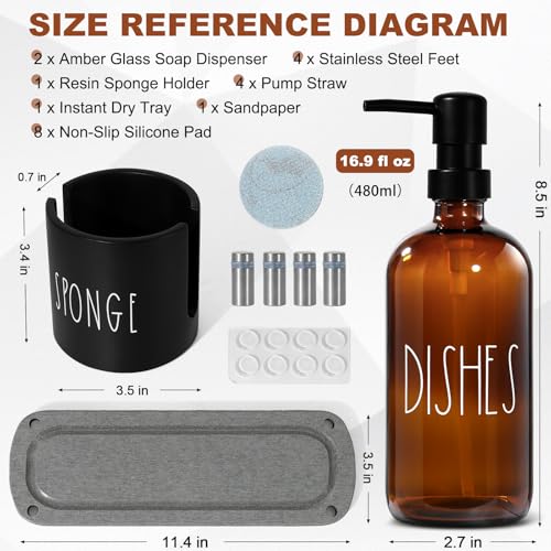 Hand and Dish Soap Dispenser Set, Kitchen Soap Dispenser Set with Sponge Holder, 16.9oz Amber Glass Dispenser, Waterproof Labels, Instant Dry Tray|Upgrade for Your Kitchen and Bathroom