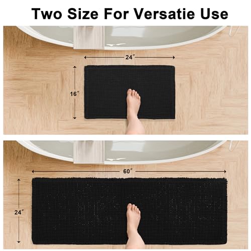 Hiasan Set of 2 Waffle Bath Mat, Super Absorbent Non Slip Bathroom Boho Rug with Tassels, Machine Washable Bath Mats for Bathroom, Ultra Soft Rubber Backed Rug, Black, 16" x 24" + 24" x 60" - color: Black, size: 16" x 24" + 24" x 60"