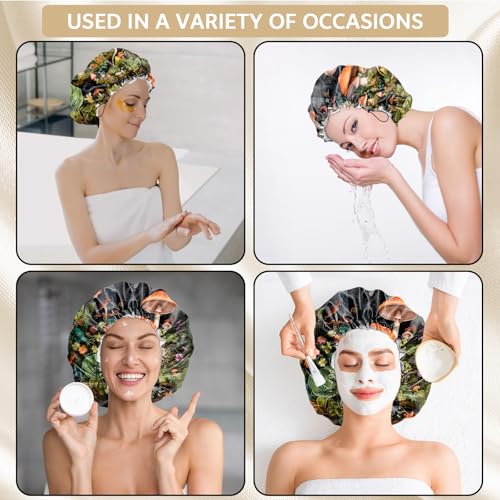 Shower Cap Adjustable Waterproof Double Layer Elastic Reusable Hair Bath Cap Cute Aesthetic for Women Girls-Mushroom - color: R10-Mushroom