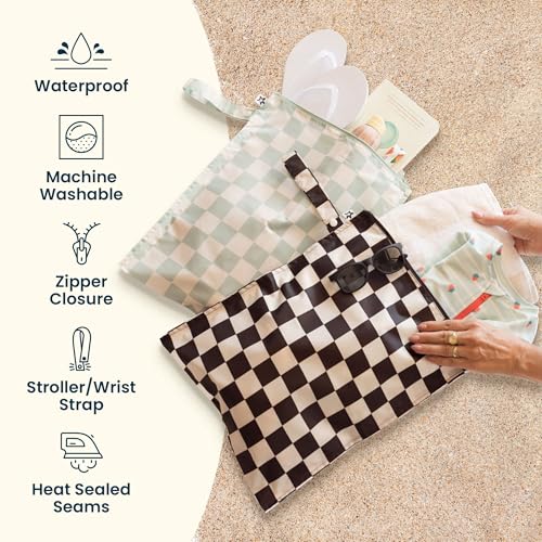 Tiny Twinkle Mess Proof Wet Bags | 2-Pack Reusable Waterproof Wet Bags for Swimsuits | Baby Clothes | Travel & Diaper Bag (Blue, Black Checkers) - color: Blue, Black Checkers, size: 2 Pack