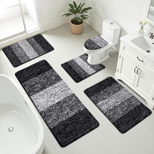 Bsmathom Bathroom Rugs Sets 5 Piece, Soft Absorbent Microfiber Bath Rugs with U-Shaped Contour Toilet Rug and Toilet Lid Cover, Thick Non-Slip Plush Shaggy Bath Mat Set,Black - color: Black, size: 18"x26"+20"x31"+20"x48"+U20"x24"+Cover19"x21"