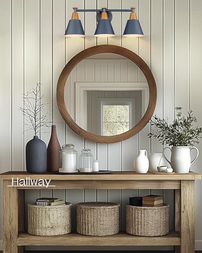 FEMILA Bathroom Vanity Light, 3-Light Modern Bathroom Light Fixture with Hammered Metal Shade Finish, Dark Blue Wall Sconce Lamp Lighting for Bedroom, 4FG59B-3W Blue - color: Navy Blue, size: 22"