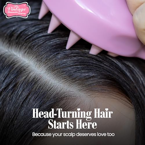 Vintage Cosmetic Company Shampoo Brush Silicone Scalp Massager Pink | Silicone Scalp Massager for Gentle Exfoliation and Even Shampoo Distribution. Stimulates Scalp. Vintage Pink Design.