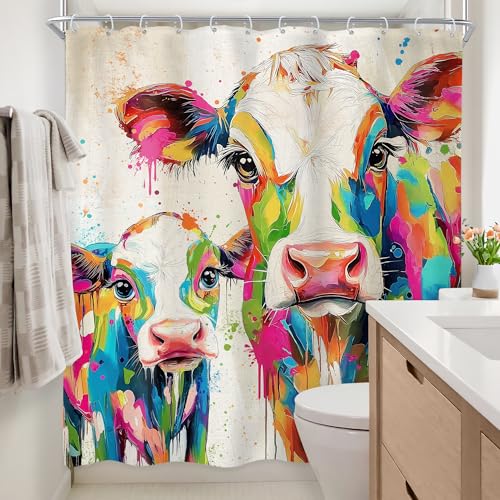 Newsely Farmhosue Highland Cow Shower Curtain 60Wx72L Inch White Background Color Oil Painting Cows Rustic Western Animal Bathroom Set Colorful Waterproof Bath Decoration Accessories Home Decor - color: C-01cow, size: 60"W x 72"L (Pack of 1)