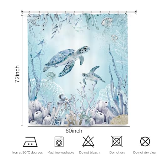 Turtle Ocean Sea Shower Curtain 60Wx72L Inch Teal Blue Undersea Underwater Nautical Bathroom Set Accessories Decor with 12 Pack Hooks - color: Teal Blue Turtle, size: 60"W x 72"L (Pack of 1)