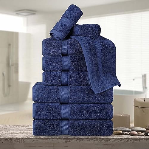 BLUENILEMILLS BNM Madeline Egyptian Cotton Heavyweight Towels, Ideal for Shower, Spa, Hotel, 800 GSM, Face/Washcloths, Hand Towels, Bath Towels, Highly-Absorbent, Luxury, 9 Piece Towel Set, Navy Blue - color: Navy Blue, size: 9-Piece Towel Set