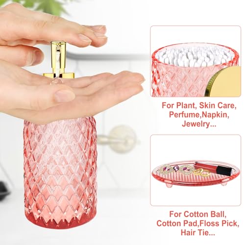 Haturi Pink Bathroom Accessories Set, 4 Pcs Glass Bathroom Accessory Set Complete w/Soap Dispenser, Toothbrush Holder, Qtip Holder, Vanity Tray, Gold Bathroom Set Decor, Gift for Girl Home Apartment - style: Light Pink